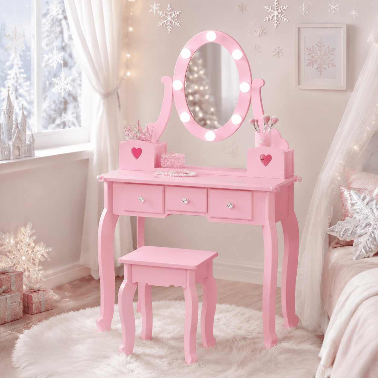 childrens pink dressing table Costway 2-Piece Rectangle MDF Top Pink Kids Vanity Table and Chair Set Princess Pretend Play Makeup Vanity Set HCST01596