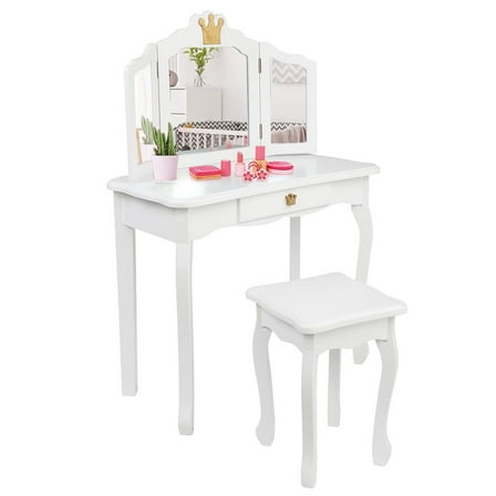 Ktaxon Kids Princess Wooden Vanity Desk w/ Folding Mirror,Stool,Drawer White