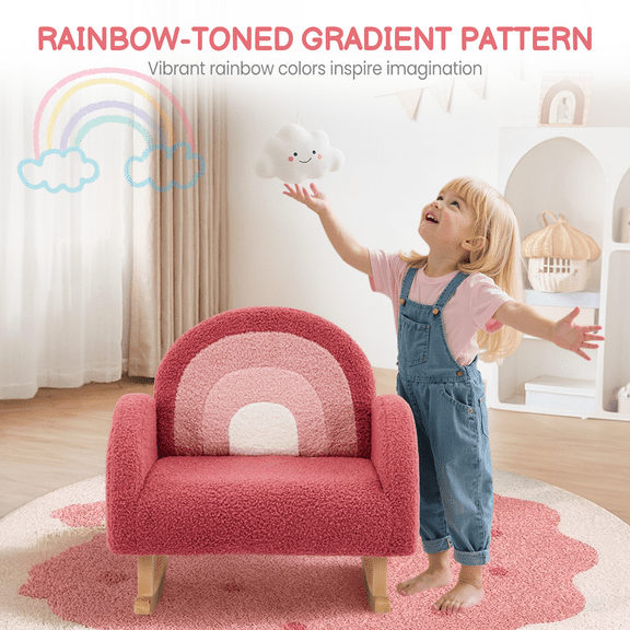 Ktaxon Kids Rocking Chair with Wooden Frame, Teddy Velvet Toddler Sofa with Ombre Backrest, Curved Design for Playroom or Bedroom Red