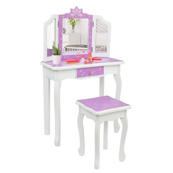 Ktaxon Kids Snowflake Pattern Wooden Vanity Desk w/ Folding Mirror,Stool,Drawer Purple