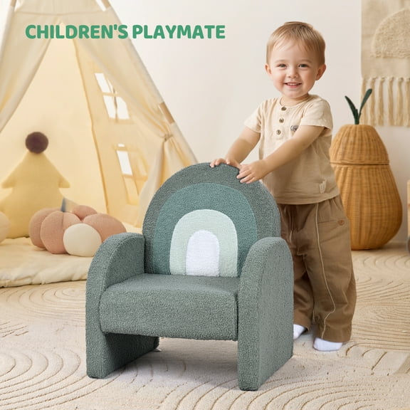 Ktaxon Kids Sofa with Wooden Frame, Teddy Velvet Toddler Accent Chair with Ombre Backrest, Curved Design for Playroom or Bedroom Green