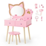 Ktaxon Kids' Vanity Table and Stool Makeup Dressing Set w/ Mirrors & Drawer, Pink
