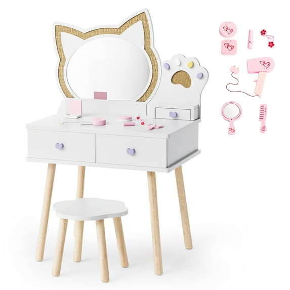 Ktaxon Kids' Vanity Table and Stool Makeup Dressing Set w/ Mirrors & Drawer, Pink