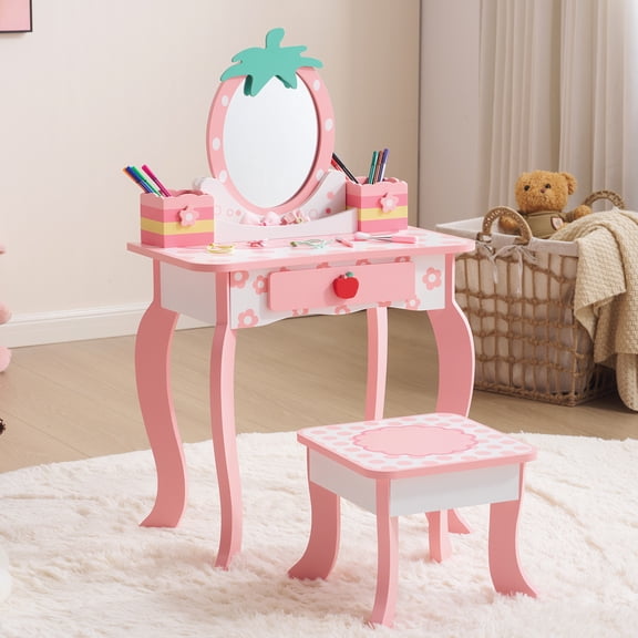 Ktaxon Kids' Vanity Table and Stool Set, Girl Princess Makeup Dressing Table,Children's Toy Furniture, White