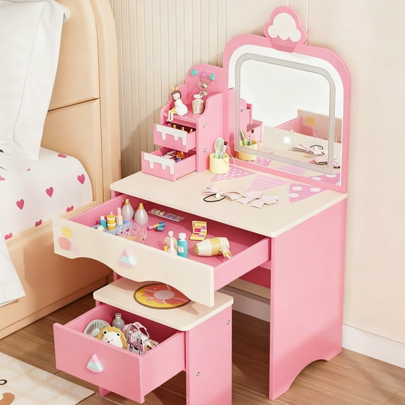 Ktaxon Kids' Vanity Table and Stool Set, Lighted Makeup Dressing Set w/ Mirrors & Drawer, Pink