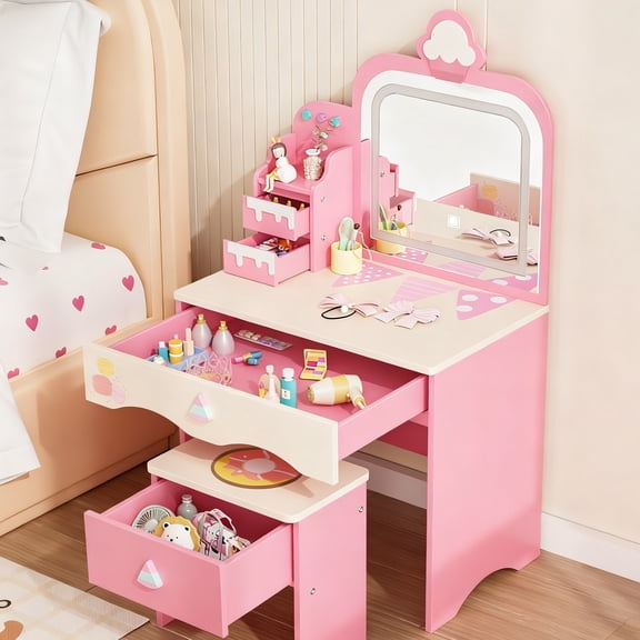 Ktaxon Kids' Vanity Table and Stool Set, Lighted Makeup Dressing Set w/ Mirrors & Drawer, Pink