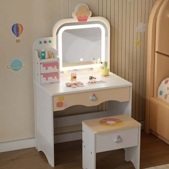 Ktaxon Kids' Vanity Table and Stool Set, Lighted Makeup Dressing Set w/ Mirrors & Drawer, White