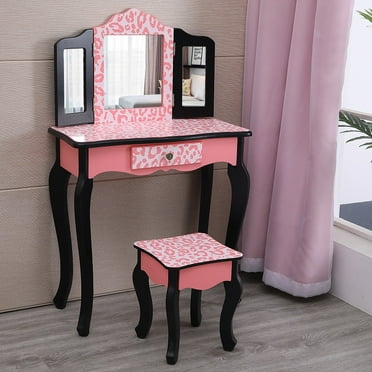 Ktaxon Kids Vanity Table and Stool Set with 3 Mirrors, Pretend Play Princess Makeup Dressing Table,Children's Furniture