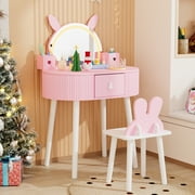 Ktaxon Kids Wooden Vanity Table and Stool Set with LED Lights, Princess Makeup Dressing Table,Childrens Furniture, Pink