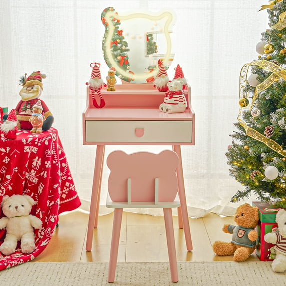 Ktaxon Kids' Wooden Vanity Table and Stool Set with LED Lights, Princess Makeup Dressing Table,Children's Furniture, Pink