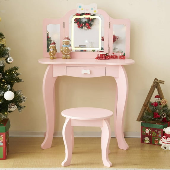 Ktaxon Kids' Wooden Vanity Table and Stool Set with LED Lights, Princess Makeup Dressing Table,Children's Furniture, Pink