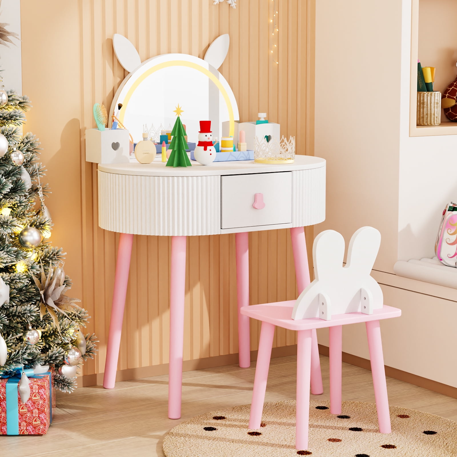 Ktaxon Kids' Wooden Vanity Table and Stool Set with LED Lights