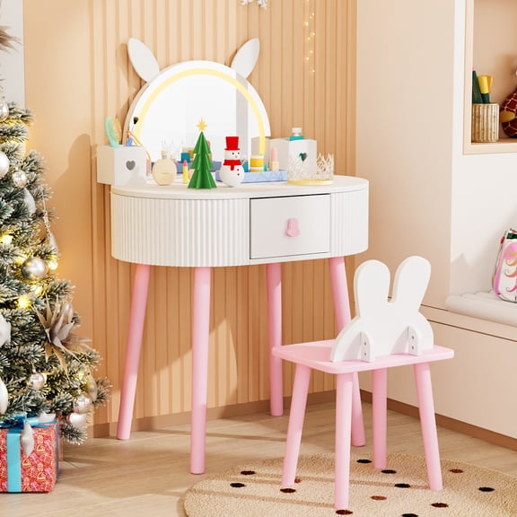 Ktaxon Kids' Wooden Vanity Table and Stool Set with LED Lights, Princess Makeup Dressing Table,Children's Furniture, White