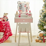 Ktaxon Kids' Wooden Vanity Table and Stool Set with LED Lights, Princess Makeup Dressing Table,Children's Furniture, White