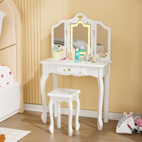 Ktaxon Kids' Wooden Vanity Table and Stool Set with LED Lights, Princess Makeup Dressing Table,Children's Furniture, White