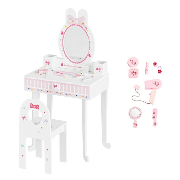 Ktaxon Kids' Wooden Vanity Table and Stool Set with Toy Vanity Accessories, Princess Makeup Dressing Table,Children's Furniture, Girls Gift, White