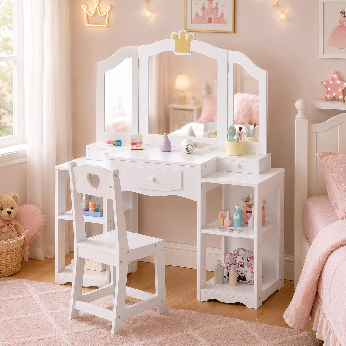 childrens princess dressing table JOYMOR Kids Vanity Set, Wooden Princess Makeup Table with Stool, Tri-Folding Mirror, Large Drawer and Solid Wooden Legs, Purple