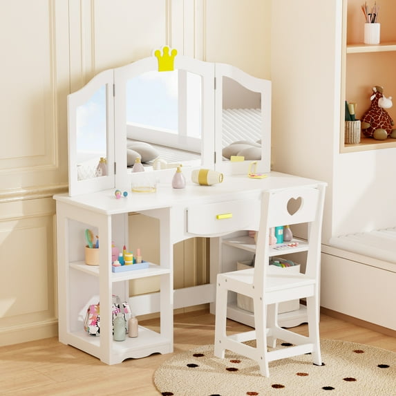 Ktaxon Kids' Wooden Vanity Table and Stool Set with Tri Folding Mirror, Princess Makeup Dressing Table,Children's Furniture, Girls Gift, White