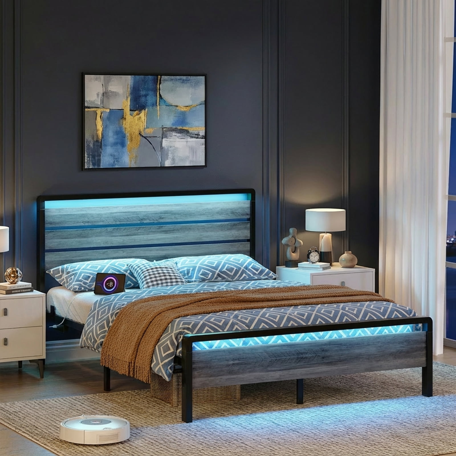 Ktaxon King Bed Frame with LED Headboard & Footboard, Metal Platform Bed with Charging Station, Gray