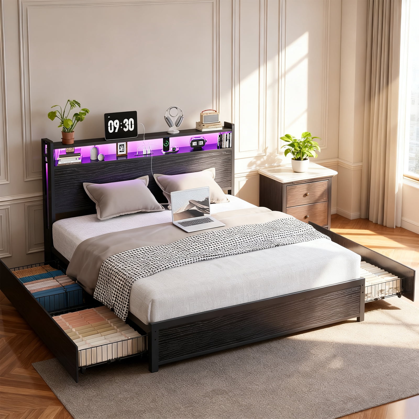 Ktaxon King Size Bed Frame with Charging Station & LED Storage Headboard, Metal Platform Bed Frame with 4 Underbed Drawers for bedroom, Black