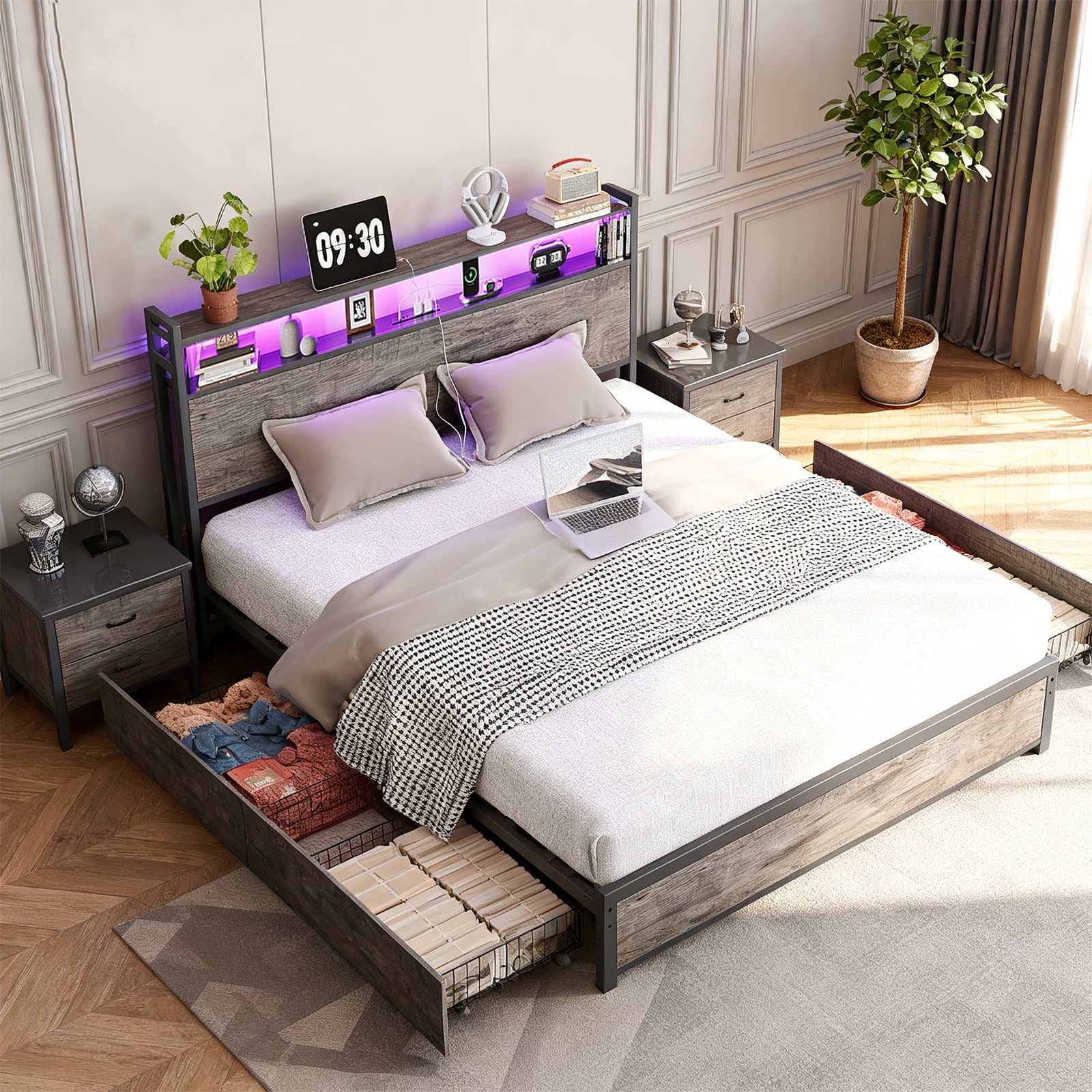 Ktaxon King Size Bed Frame with Charging Station & LED Storage Headboard, Metal Platform Bed Frame with 4 Underbed Drawers for bedroom, Gray