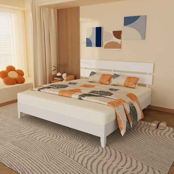 Ktaxon King Size Bed Frame with Double Slat Headboard,Solid Wooden Platform Bed, No Box Spring Needed, Easy Assembly, White