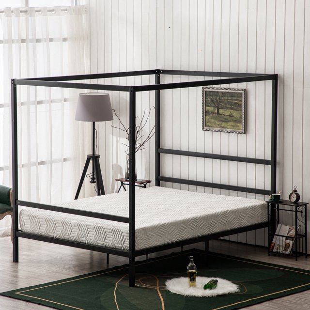 Ktaxon King Size Poster Canopy Bed, Iron & Wood Bed Frames, Simple Horizontal Strip Headboard