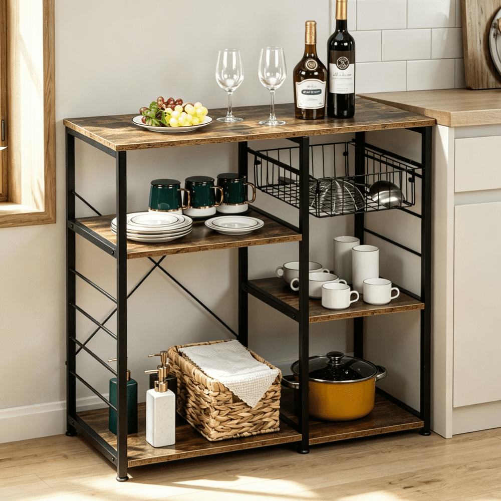 Ktaxon Modern Kitchen Baker's Rack with Storage and Hooks, 4-Tier Microwave Cart & Oven Stand, Rustic Brown