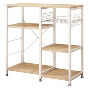 Ktaxon Kitchen Baker's Rack with Metal Basket, Modern Microwave Oven Stand with Wood Storage Shelves, Freestanding Kitchen Utility Cart Storage Shelf Organizer, White Oak