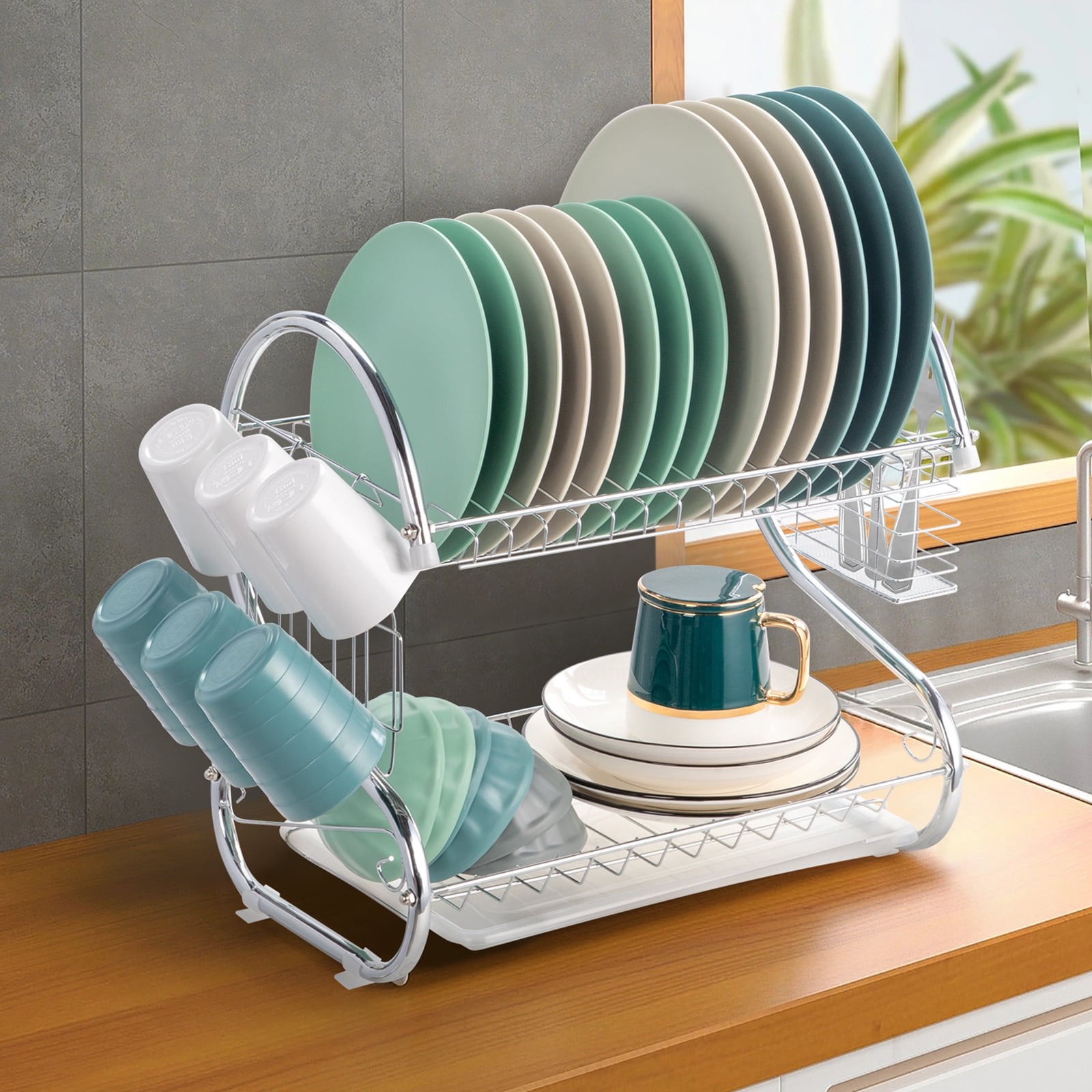 Ktaxon 2 Tier Dish Drainer Drying Rack Large Capacity Kitchen