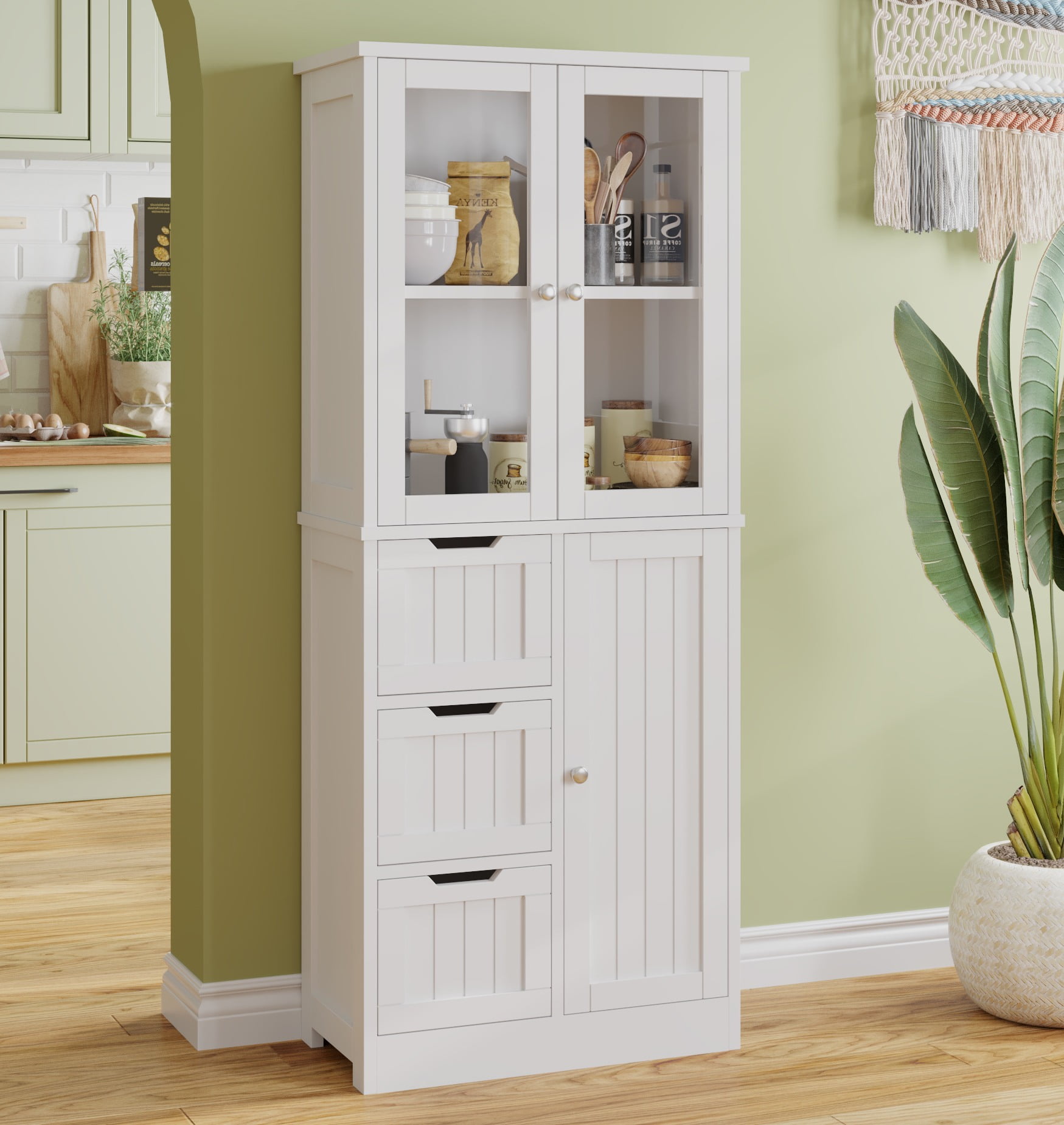 Ktaxon Kitchen Pantry Cabinet Wooden w/ 4 Drawers & 3 Doors Glass Doors, MDF Freestanding for Entryway Bathroom Living Room, White