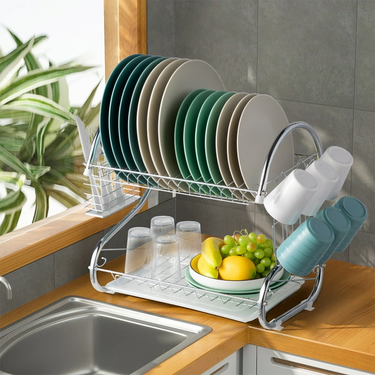 2 Tier Dish Drainer Rack Kitchen Sink Bowl Plates Cutlery Draining Board  Holder