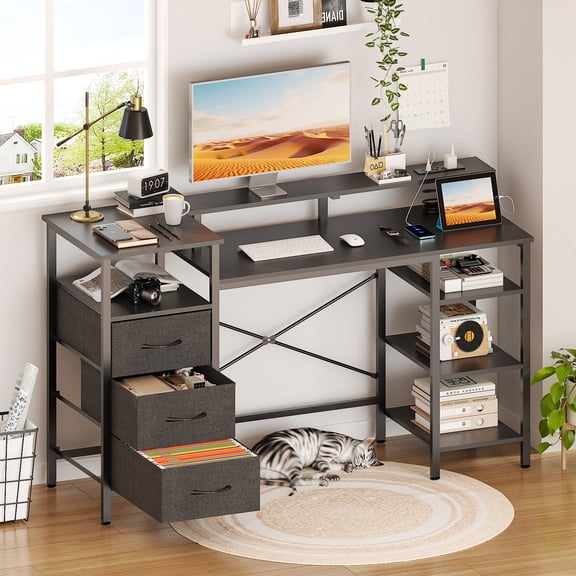 Ktaxon L-Shape Computer Desk with Charging Station 47 Inch Gaming Desk Concer PC Laptop Table with Drawers & Storage Shelves Workstation, Black