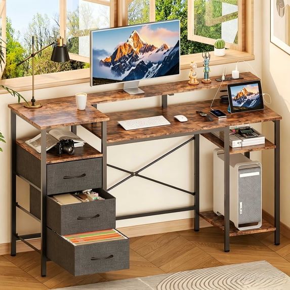 Ktaxon L-Shape Computer Desk with Charging Station 47 Inch Gaming Desk Concer PC Laptop Table with Drawers & Storage Shelves Workstation, Brown