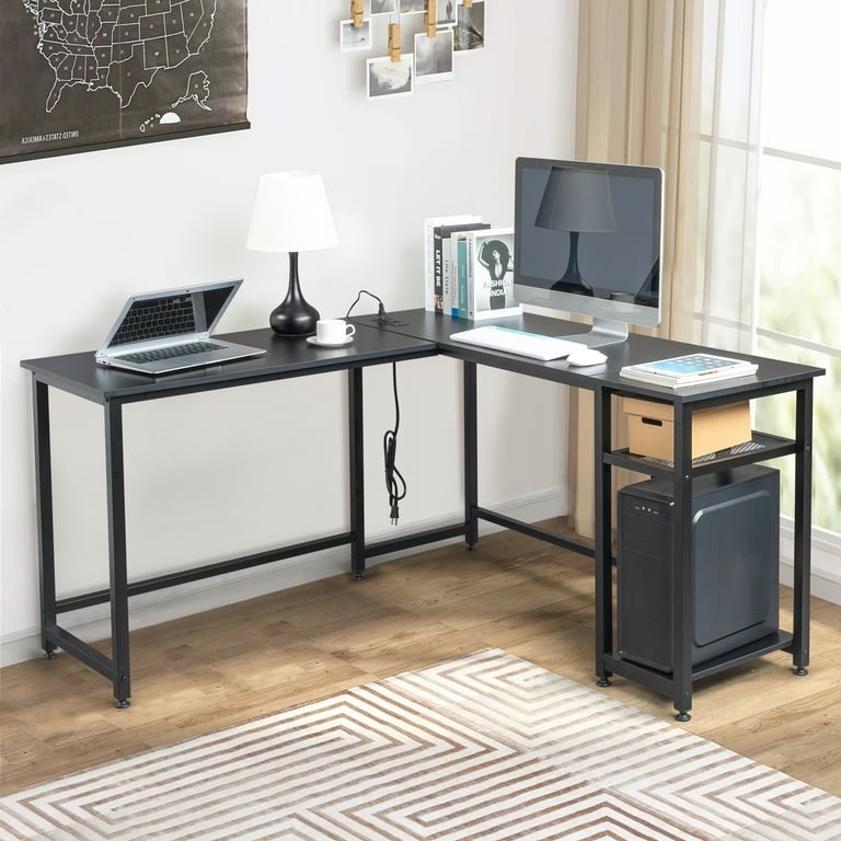 Ktaxon L Shaped Computer Desk with USB Charging Station Corner Desk Laptop Study Table Desk for Home Office Black