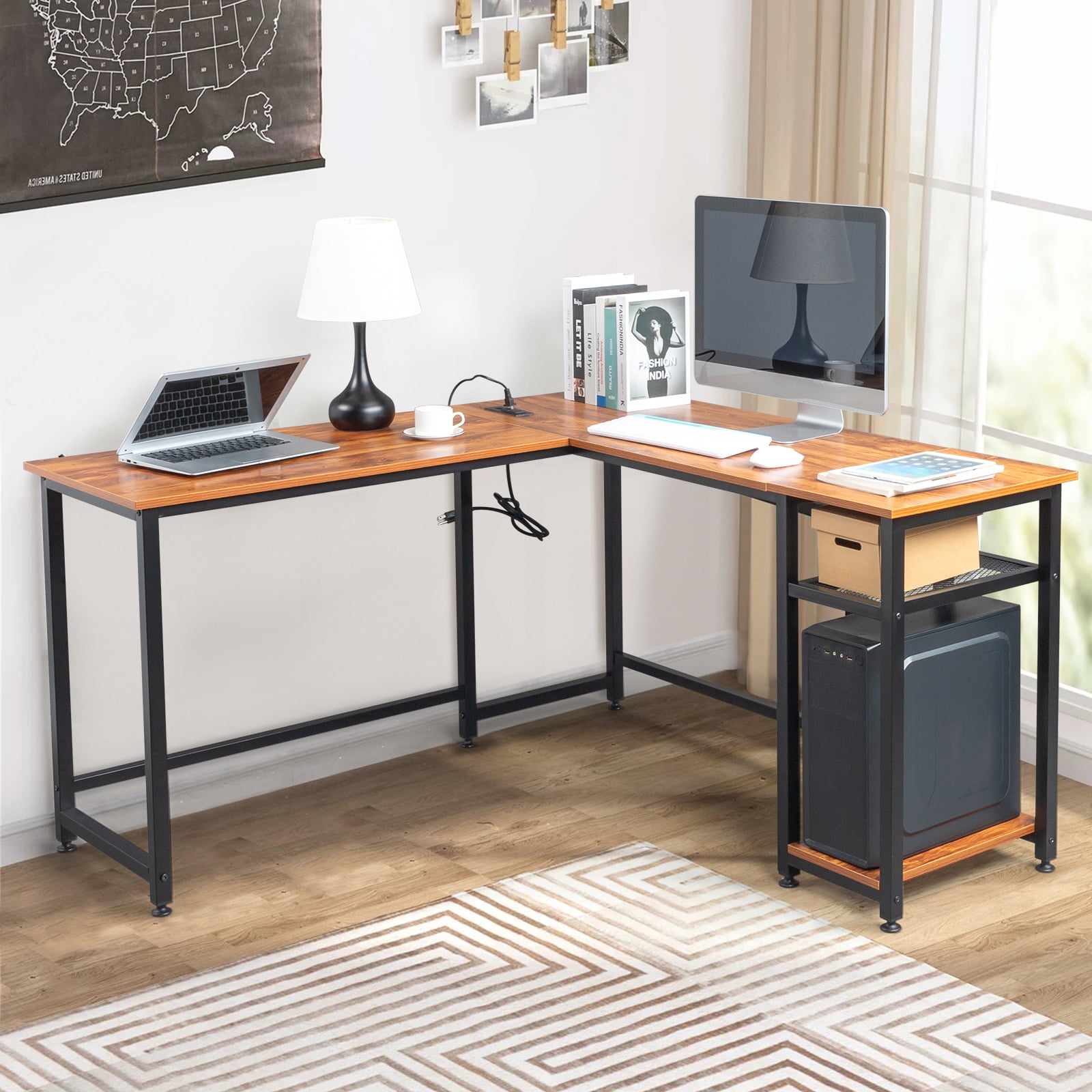 Ktaxon LShaped Desk with Big Space, USB Charging Outlets, Corner
