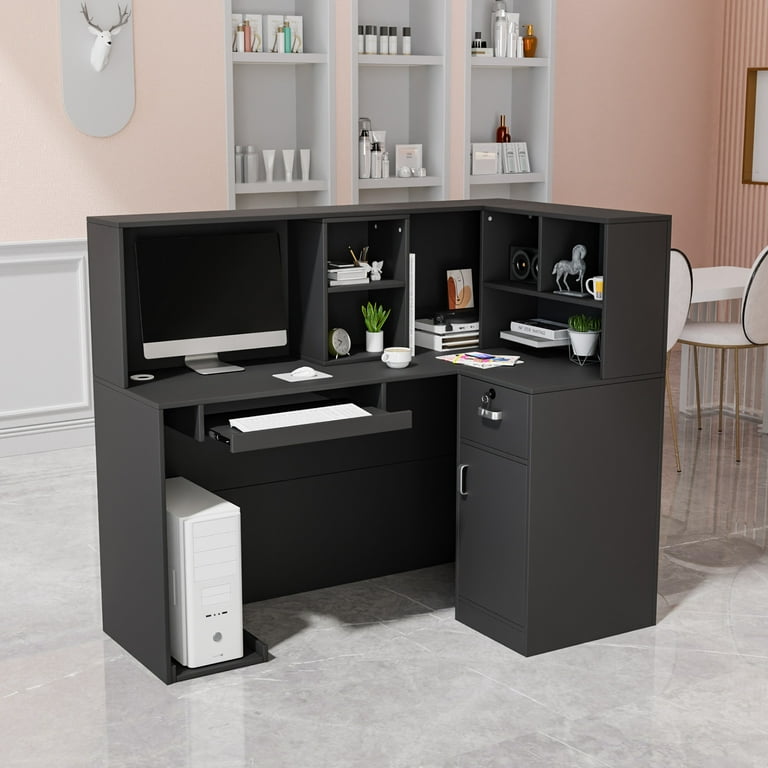 Ktaxon L-Shaped Front Reception Desk with Lockable Drawers, Salon