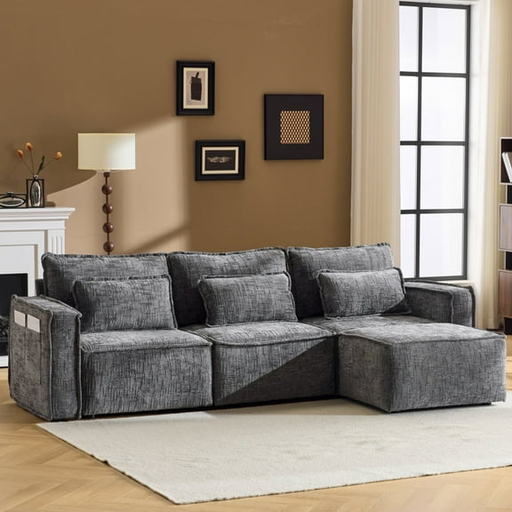 Ktaxon L-Shaped Sectional Sofa 111" W 3-Seater Chenille Couch Oversized Modular Cloud Sofa with Movable Ottoman Chaise for Living Room Gray