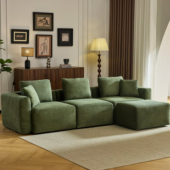 Ktaxon L-Shaped Sectional Sofa 112" W 3-Seater Corduroy Boneless Couch with Movable Ottoman Chaise for Living Room Green