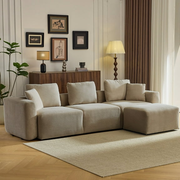 Ktaxon L-Shaped Sectional Sofa 112" W 3-Seater Corduroy Boneless Couch with Movable Ottoman Chaise for Living Room Khaki