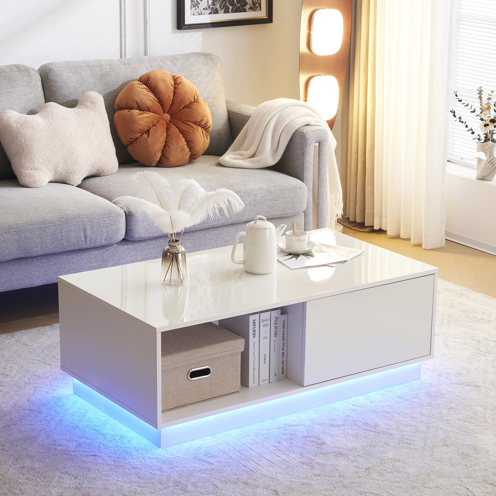 Ktaxon White LED Coffee Table with Multi-Function Storage, High Gloss Accent Furniture for ...