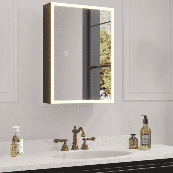 Ktaxon LED Lighted Bathroom Medicine Cabinet with Mirror, Wall Mounted Storage Cabinet w/ Dimmable, Memory function, Outlets & USB, 20"x28", Black