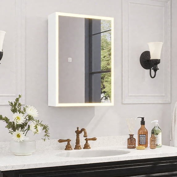 Ktaxon LED Lighted Bathroom Medicine Cabinet with Mirror, Wall Mounted Storage Cabinet w/ Dimmable, Memory function, Outlets & USB, 20"x28", White