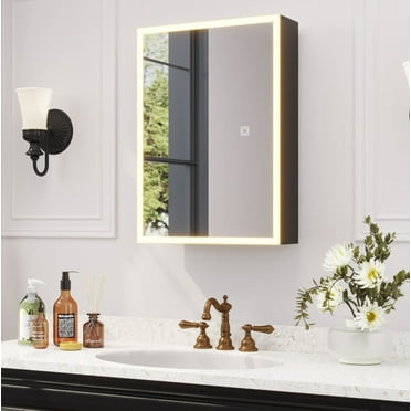 Ktaxon 20"x28", LED Bathroom Medicine Cabinet with Mirror Lighted, Wall Mounted Storage Cabinet w/ Dimmable, Memory function, Outlets & USB,  Black