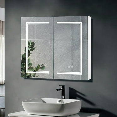 Ktaxon LED Mirrored Bathroom Wall Cabinet Medicine Cabinet Storage Organizer with 2 Doors and 3 Shelves, Defogger, Dimmable, Memory function, Outlets & USB, 32"x28", White