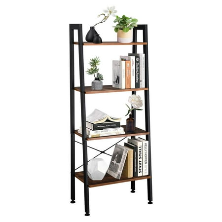Ktaxon Ladder Shelf, 4-Tier Bookshelf Storage Rack Organizer, Wood Metal Shelving, Rustic Brown and Black