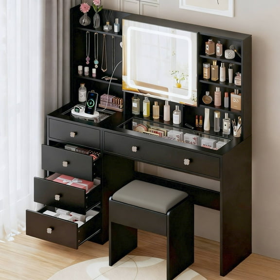 Ktaxon Large 47.2" Makeup Vanity with 3 Color Lights, Dressing Table w/ USB Charging Station, Adult, Black