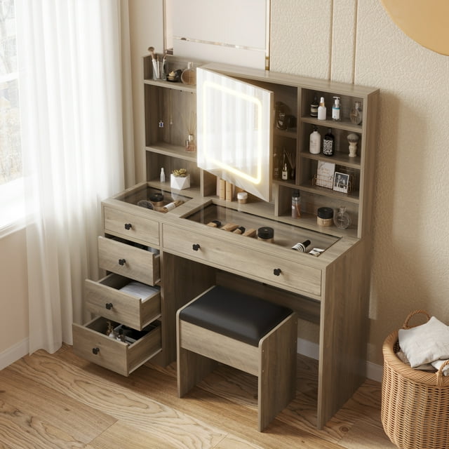 Ktaxon Large 47.2" Makeup Vanity with 3 Color Lights, Dressing Table with USB Charging Station, Gray