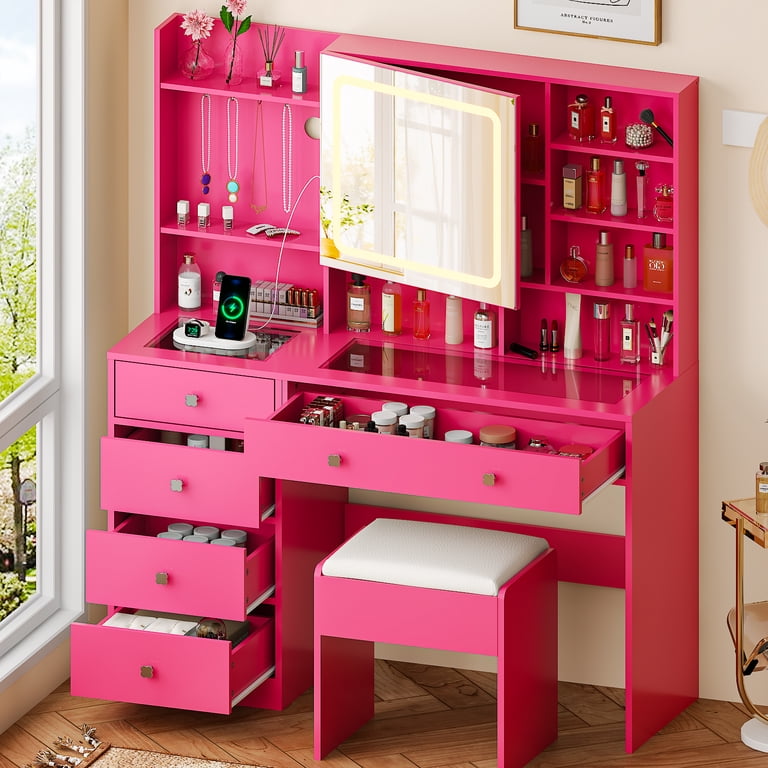 pink colour dressing table Ktaxon Large 47.2 inch Makeup Vanity with 3 Color Lights, Dressing Table with USB Charging Station, Pink