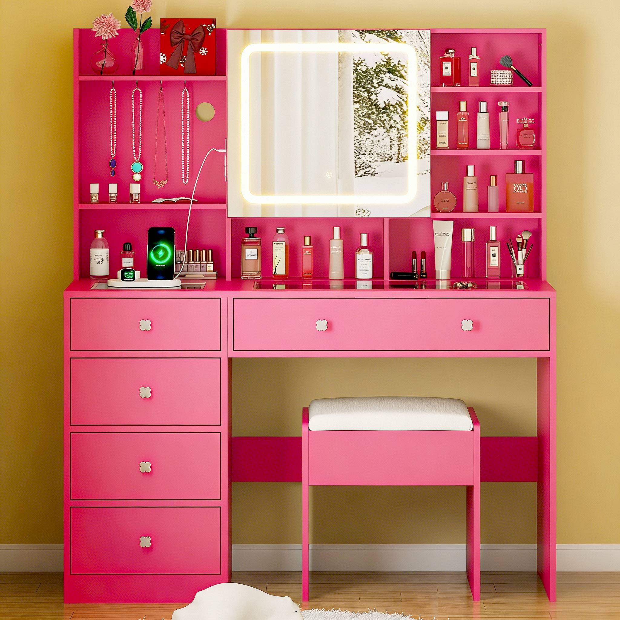 Ktaxon Large 47.2" Makeup Vanity with 3 Color Lights, Dressing Table with USB Charging Station, Pink